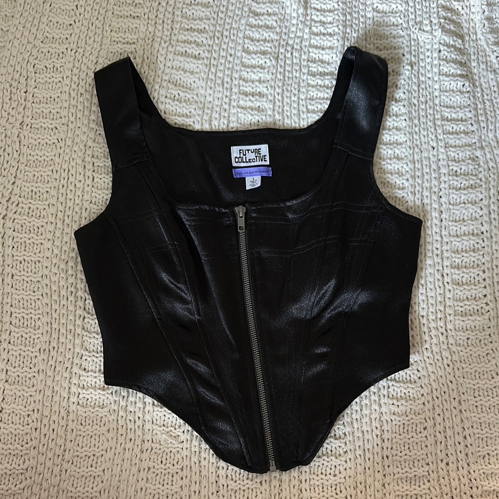 Black Satin Zip Up Corset Top